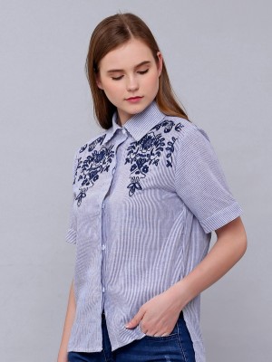 Flower Embroidery Stripes Shirt