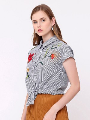 Flower Embroidery Stripes Tie-Shirt 