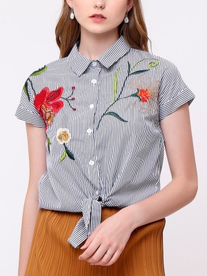 Flower Embroidery Stripes Tie-Shirt 