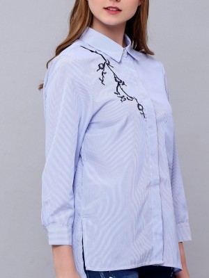 Flower Embroidery Stripes Long Sleeves Shirt