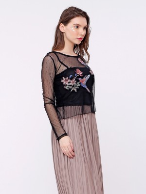 Bird Embroidery Long Sleeves Mesh Top