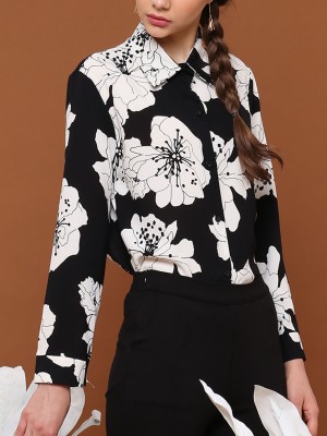 Monochrome Flower Printed Long Sleeves Shirt