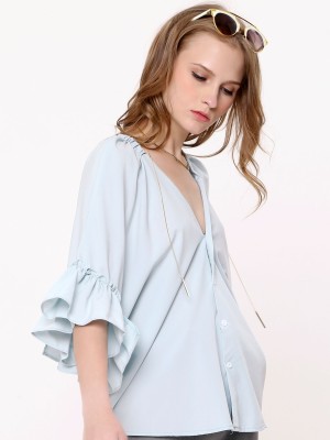 Wide V Neck Ruffle Sleeves Top