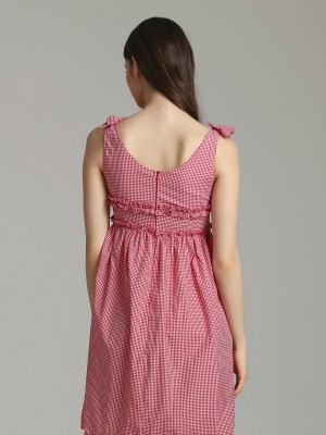 Checked Shoulder Tied Mini Dress