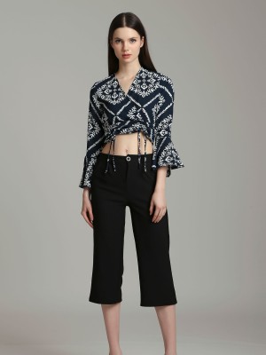 Flare Long  Sleeves Front Wrap Printed Crop Top
