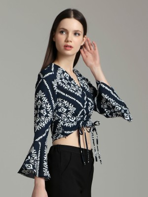 Flare Long  Sleeves Front Wrap Printed Crop Top