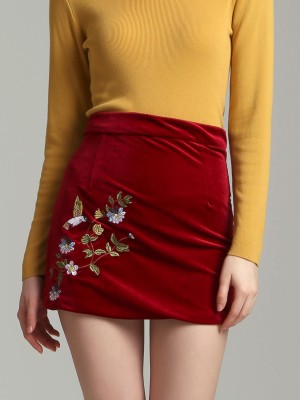 CNY Embroidered Mini Suede Skirt
