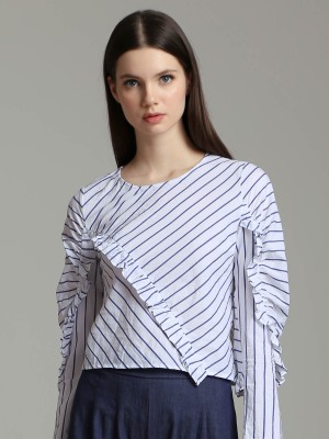 Diagonal Stripes Ruffle Long Sleeves Top