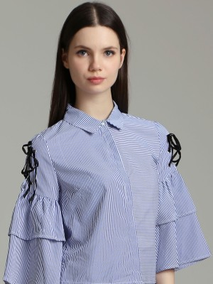 Bow Tie Ruffle Bell Sleeves Stripes Shirt