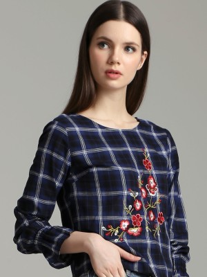 Flower Embroidery Long Sleeves Plaid Top