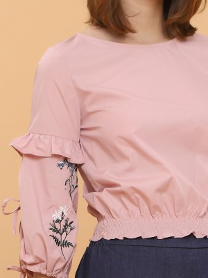 Flower Embroidery Trumpet Sleeves Top