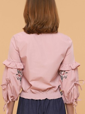 Flower Embroidery Trumpet Sleeves Top