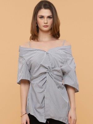 Front Twist Stripes Long Collar Top