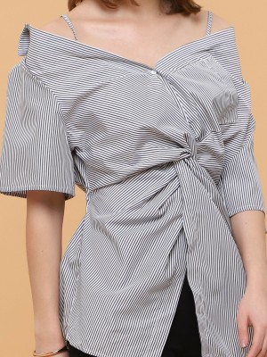 Front Twist Stripes Long Collar Top