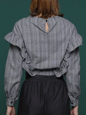 Elastic Belly Long Sleeves Side Ruffle Checkered Top