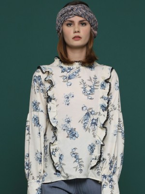Floral High Neck Laced Lining Long Sleeves Top