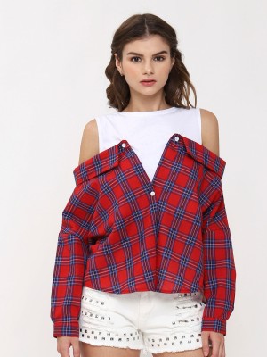 Off Shoulder Doubled long Sleeve Checkered Top
