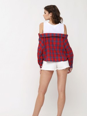Off Shoulder Doubled long Sleeve Checkered Top