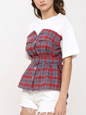 Two Tones Checkered Top With Belt