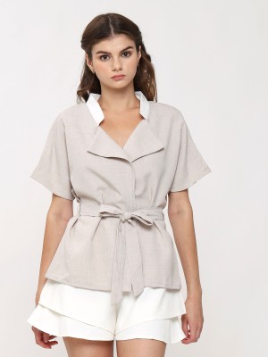 Short Long Sleeve Collar Top With Tie
