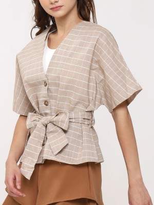 Short Sleeve Button up Boxy Top with Belt