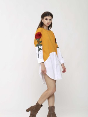 Two Tones Long Sleeves Flower Embroidery Dress