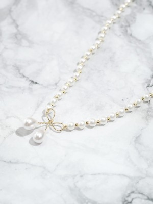 Ribbon Gold Plated Pearl Necklace