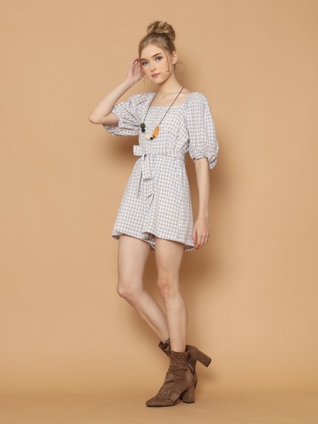 Gingham Puff Sleeves Playsuit