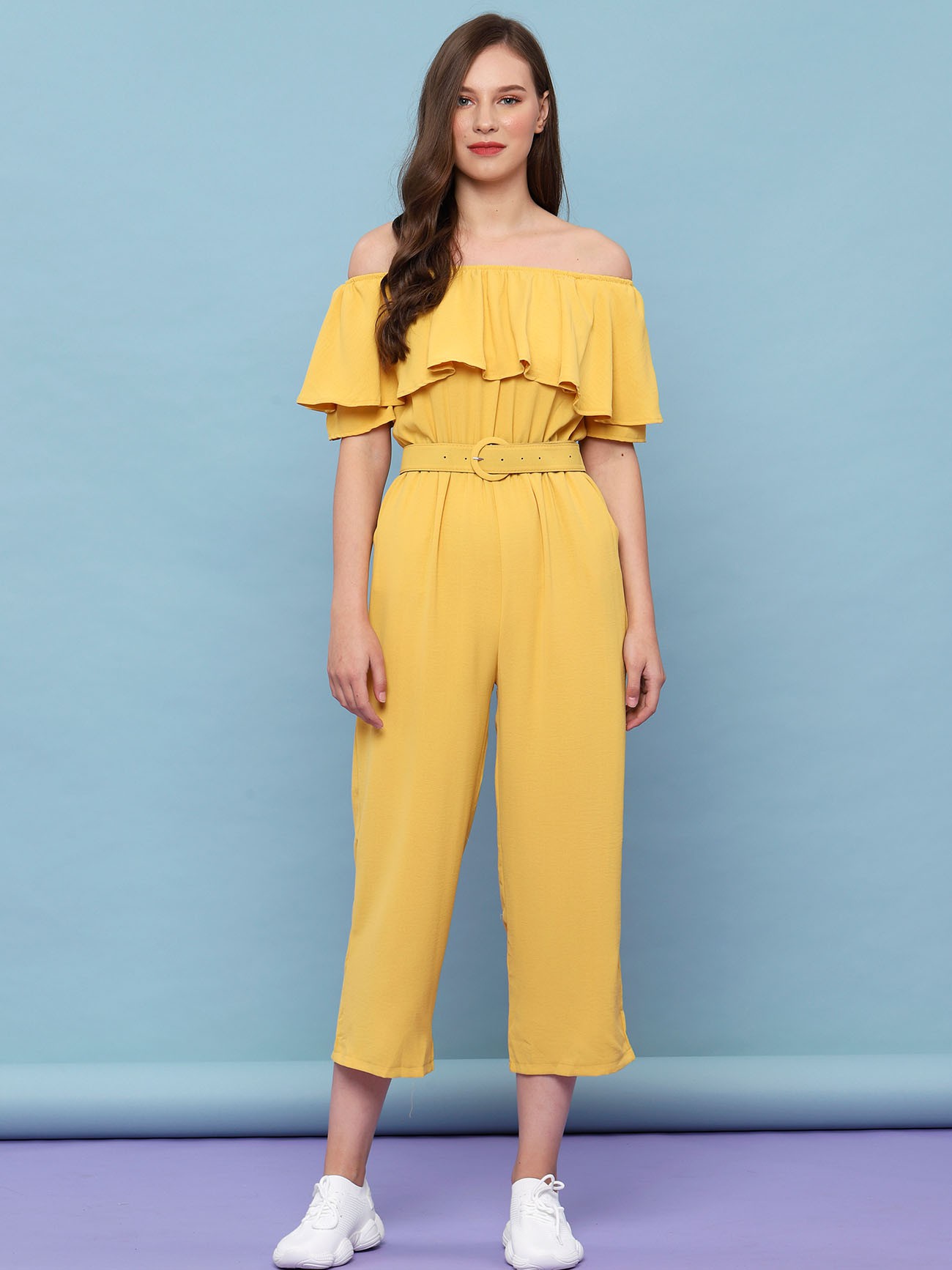 yellow off shoulder jumpsuit