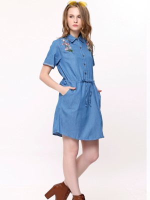 Flower Embroidery Chambray Dress