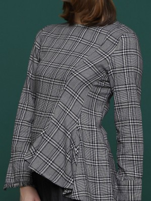Side Ruffle long Sleeves Checkered Top
