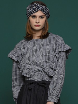 Elastic Belly Long Sleeves Side Ruffle Checkered Top