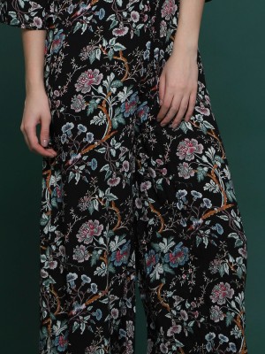 Flower Printed Waist-Pull Long Sleeves Jumpsuits