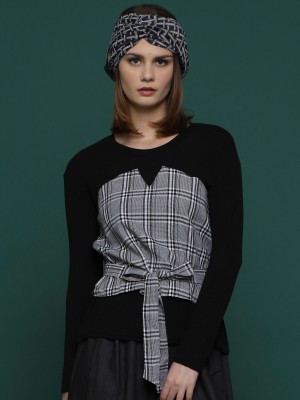 Two Tones Checkered Long Sleeves Top with Waist-Tie