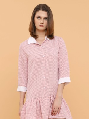Small Gingham Long Sleeves Ruffle Shirt Dress