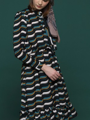Buttoned Collar Printed Long Sleeve Dress