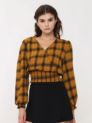 Wrap Front Long Sleeve Checkered Crop Top