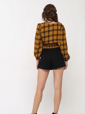 Wrap Front Long Sleeve Checkered Crop Top