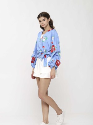 Runched Sleeves Floral Wrap Top