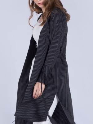 Stripes Waist-Tie Long Outer