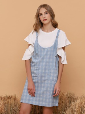 Double Pockets Blue Checkered Dungaree Skirt