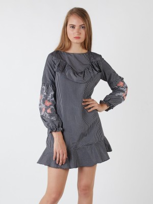 Flower Embroidery Sleeves Stripes Dress