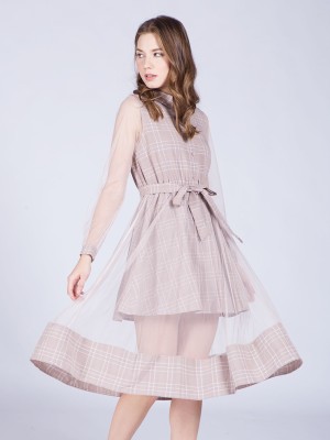 Checkered Waist-Tie Tulle Dress