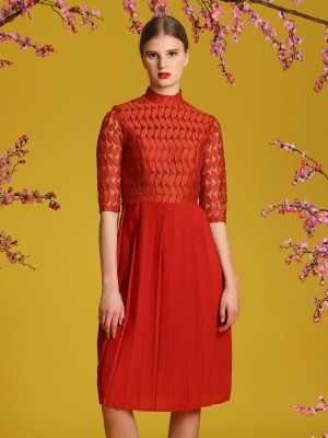Upper Leaves Laces Pleated Dress