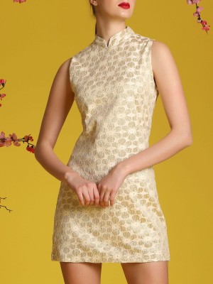 Gold Flower Embroidery Qibao Dress