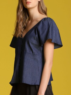 Wide V Neck Button-Up Top