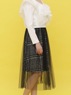 Checkered Tulle Layered Midi Skirt