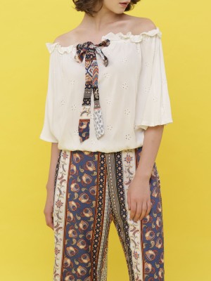 2 Pcs Bohem Print Pants With Embroidered Top