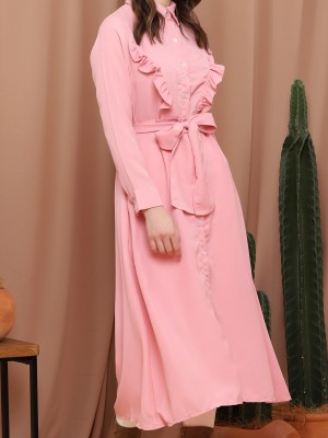 Front Ruffle Button-Up With Belt Maxi Dress