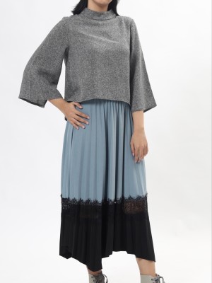 Lace Combi Pleated Midi Skirt